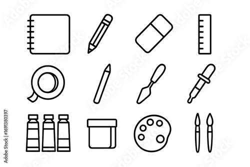 Art Tools Icons. Outline icon set of Painting tools and accessories: sketchbook, pencil, eraser, ruler,