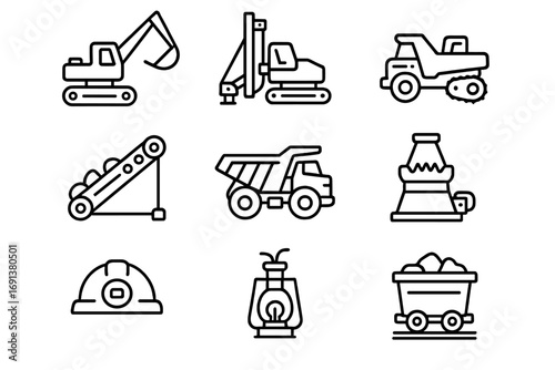Mining Equipment Icons. Outline icon set of mining equipment: excavator, drilling rig, bulldozer, conveyor belt, haul truck,