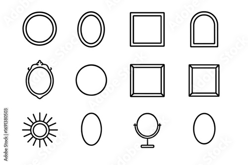 Mirror Frame Icons. Outline icon set of mirror shapes and frames: round mirror frame, oval mirror frame, square mirror frame,