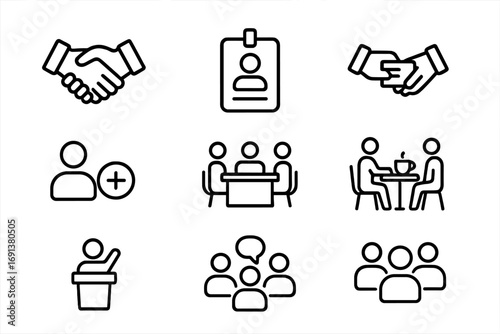 Networking Icon Set. Outline icon set of Networking and brand presence: handshake, conference badge, business