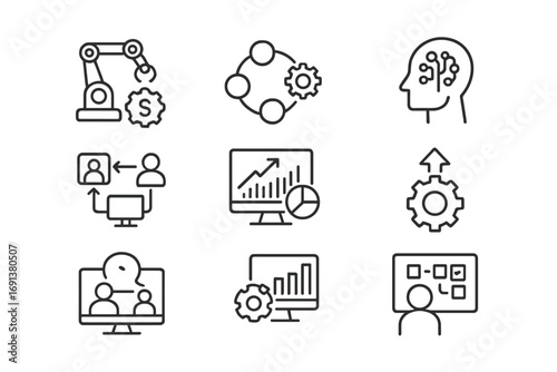 Business Innovation Icons. Outline icon set of Innovation in business operations: automation, workflow