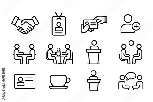 Networking Icon Set. Outline icon set of Networking and brand presence: handshake, conference badge, business