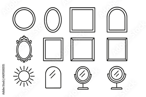 Mirror Frame Icons. Outline icon set of mirror shapes and frames: round mirror frame, oval mirror frame, square mirror frame,