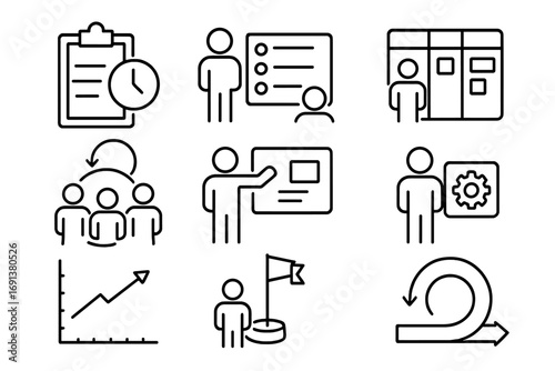 Agile Methods Icons. Outline icon set of Agile business methods: sprint planning, backlog, kanban board, stand