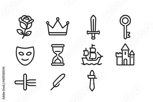 Literary Symbols Grid. Outline icon set of Literary symbols: rose, crown, sword, key, mask, hourglass, ship,