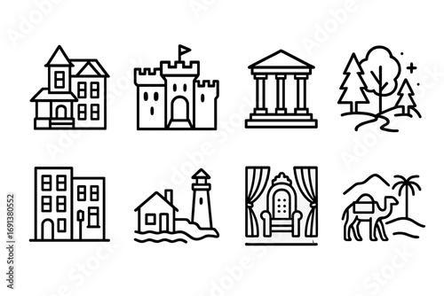 Legendary Literary Icons. Outline icon set of Legendary literary settings: Victorian house, medieval castle,
