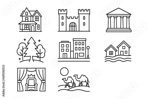 Legendary Literary Icons. Outline icon set of Legendary literary settings: Victorian house, medieval castle,