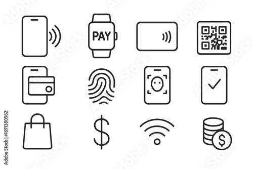 Mobile Payment Icons. Outline icon set of mobile payment: smartphone with NFC waves, smartwatch with pay symbol, contactless card,