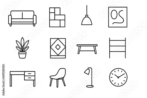 Modern Interior Icons. Outline icon set of modern interior design trends: minimalist sofa, modular bookshelf, pendant lamp,
