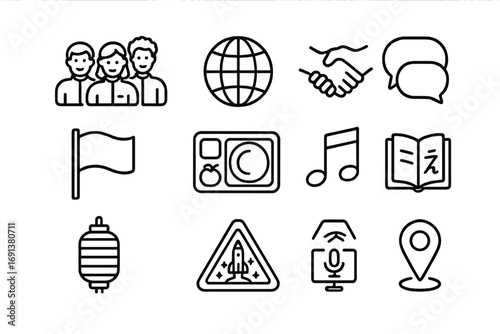 Multicultural Space Icons. Outline icon set of multicultural crew life aboard spacecraft: group avatars, globe, handshake, speech