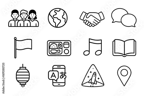 Multicultural Space Icons. Outline icon set of multicultural crew life aboard spacecraft: group avatars, globe, handshake, speech