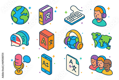 Multilingual Support Icons. Colorful isometric vector icons set of multilingual support: globe, translation book, keyboard, call