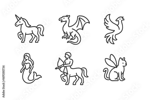 Magical Creatures Icons. Outline icon set of Magical animals: unicorn, dragon, phoenix, griffin, mermaid,