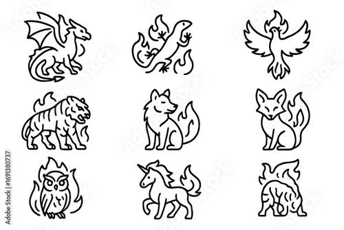 Fire Magical Animals Icons. Outline icon set of Fire magical animals: fire dragon, salamander, phoenix, lava