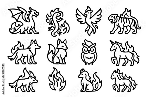 Fire Magical Animals Icons. Outline icon set of Fire magical animals: fire dragon, salamander, phoenix, lava