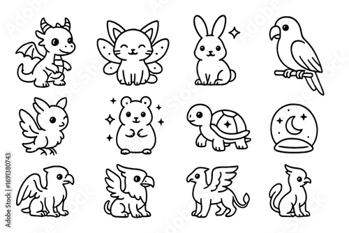 Magical Pets Icons. Outline icon set of Magical pets: tiny dragon, fairy cat, enchanted rabbit, talking parrot