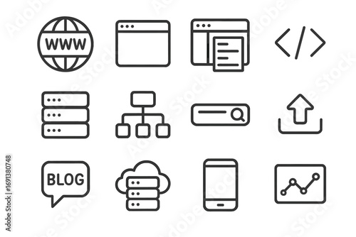 Multilingual Website Icons. Outline icon set of multilingual websites: www icon, browser window, drop-down menu, coding brackets,
