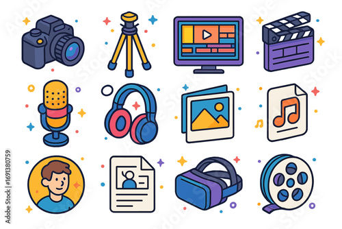 Multimedia Icons Collection. Colorful isometric vector icons set of multimedia content creation: DSLR camera, tripod, video