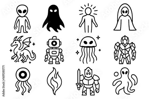 Multiverse Creatures Icons. Outline icon set of Multiverse creatures and beings: alien lifeform, shadow being, light entity,