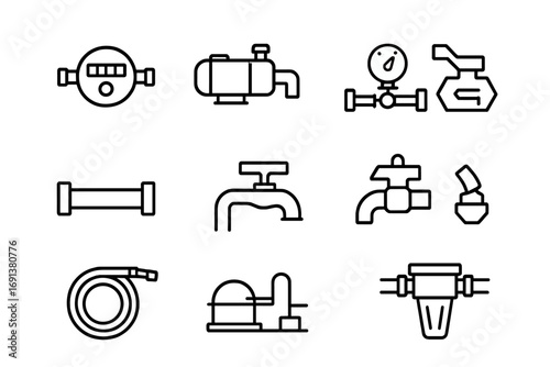 Water Supply Icons. Outline icon set of Water supply components: water meter, water pump, pressure regulator,