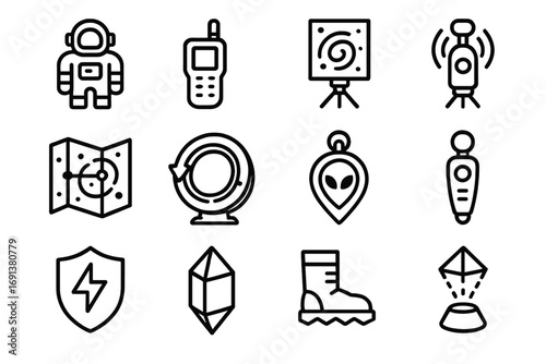 Multiverse Travel Gear Icons. Outline icon set of Multiverse travel equipment: space suit, dimensional scanner, wormhole