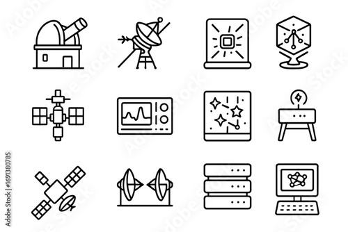 Multiverse Study Tools. Outline icon set of Scientific tools for multiverse study: observatory telescope, deep space probe,