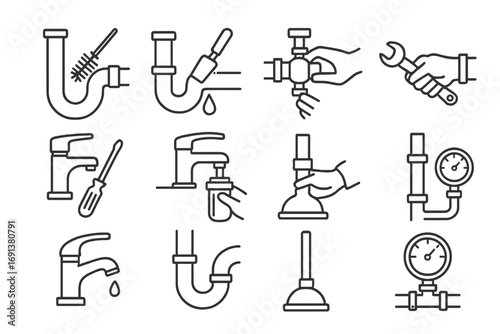 Plumbing Icon Set. Outline icon set of Plumbing maintenance tasks: pipe cleaning, leak sealing, valve