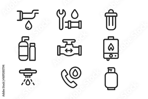 Plumbing Services Icons. Outline icon set of Specialized plumbing services: leak repair, pipe replacement,