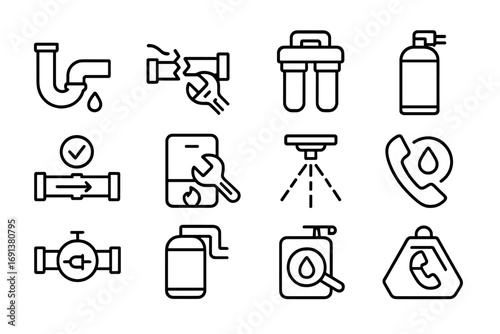 Plumbing Services Icons. Outline icon set of Specialized plumbing services: leak repair, pipe replacement,