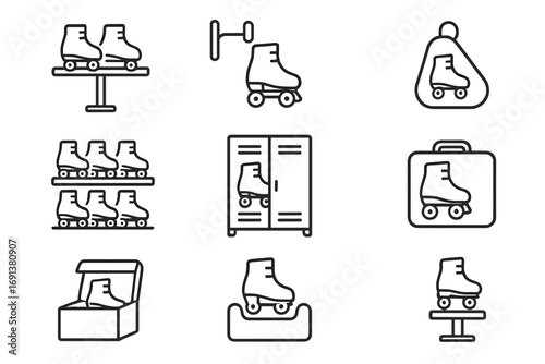 Roller Skate Storage Icons. Outline icon set of Roller skate storage: skate rack, wall hook, skate bag, shelf,