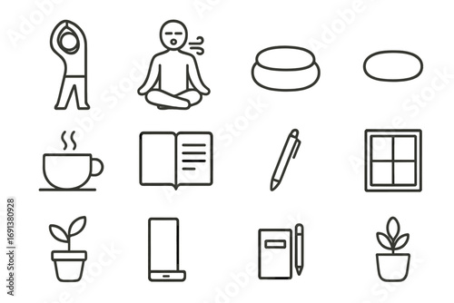 Mindful Break Icons. Outline icon set of Mindful breaks: stretching pose, deep breath, meditation cushion, cup