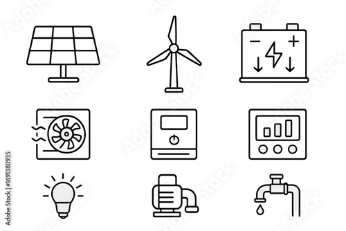Off-Grid System Icons. Outline icon set of Off-grid systems: solar panel, wind turbine, battery pack,