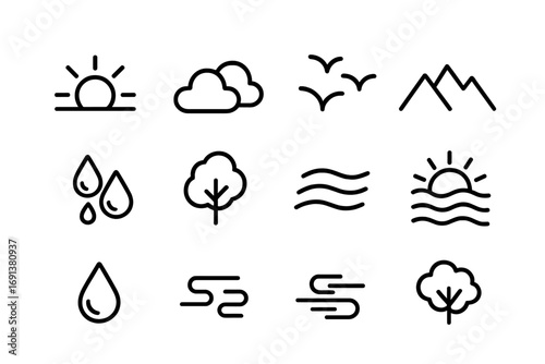 Sunrise Icon Collection. Outline icon set of Sunrise moments: sun rising, horizon, clouds, birds flying,