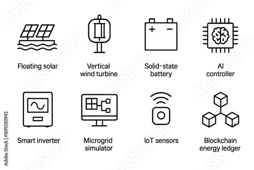 Future Microgrid Icons. Outline icon set of Future microgrid technologies: floating solar, vertical wind