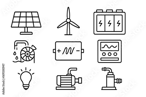 Off-Grid System Icons. Outline icon set of Off-grid systems: solar panel, wind turbine, battery pack,
