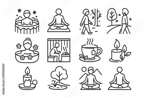 Seasonal Spa Icons. Outline icon set of Seasonal spa experiences: winter hot tub, summer yoga, autumn foliage