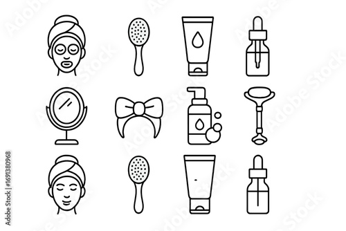 Skincare Ritual Icons. Outline icon set of Skincare and beauty rituals: facial mask, exfoliating brush,
