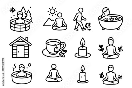 Seasonal Spa Icons. Outline icon set of Seasonal spa experiences: winter hot tub, summer yoga, autumn foliage