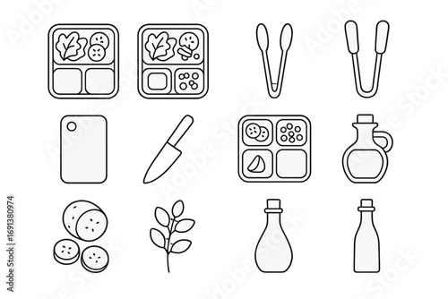 Meal Prep Icons. Outline icon set of Meal prep for wellness: salad containers, tongs, cutting board, knife,