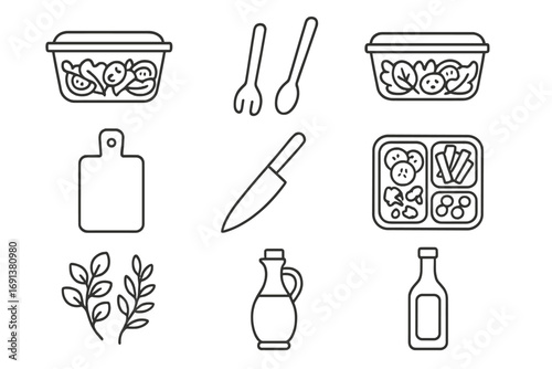 Meal Prep Icons. Outline icon set of Meal prep for wellness: salad containers, tongs, cutting board, knife,