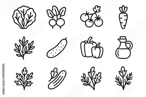 Farmer's Market Salad Icons. Outline icon set of Farmer’s market salad: lettuce, radishes, cherry tomatoes,
