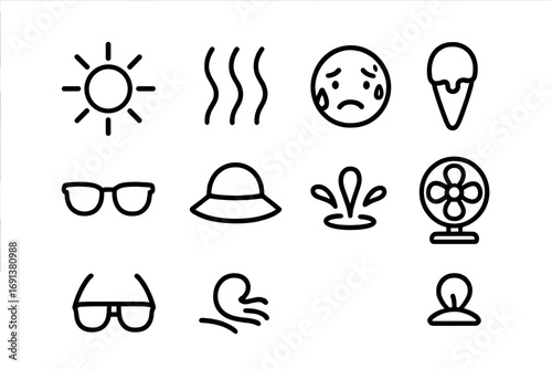 Hot Weather Icons. Outline icon set of Hot weather effects: sun icon, heat waves, sweating face, ice cream,