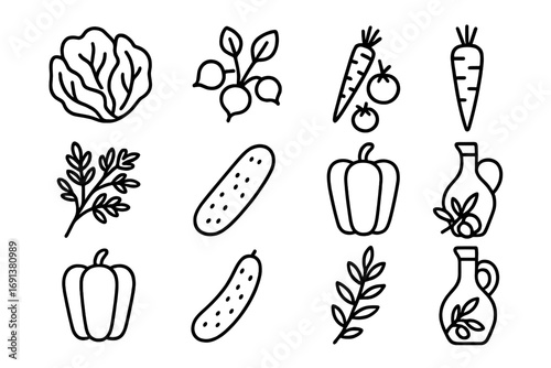 Farmer's Market Salad Icons. Outline icon set of Farmer’s market salad: lettuce, radishes, cherry tomatoes,