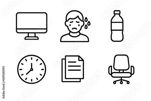 Workplace Heat Stress Icons. Outline icon set of Workplace heat stress: computer, sweating person, fan, water