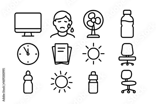 Workplace Heat Stress Icons. Outline icon set of Workplace heat stress: computer, sweating person, fan, water
