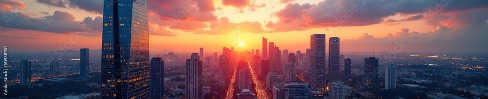 Obraz premium Sleek modern skyscraper office building reflecting the city skyline at sunset Glass facade, urban landscape, architectural design, business district , night, window, real estate