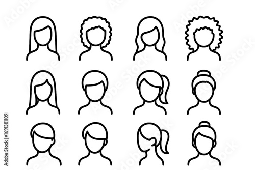 Hair Types Icons. Outline icon set of Hair types: straight hair, curly hair, wavy hair, frizzy hair, long hair