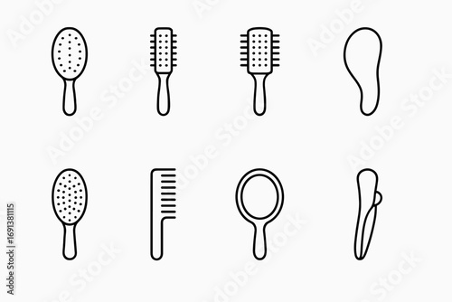 Hairbrush Icon Set. Outline icon set of Hairbrush types: paddle brush, round brush, vent brush, detangling