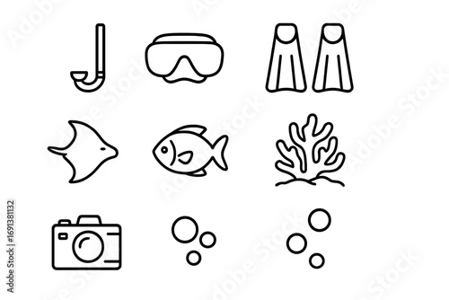 Tropical Diving Icons. Outline icon set of Tropical diving: snorkel, mask, fins, manta ray, tropical fish,