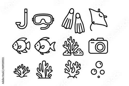 Tropical Diving Icons. Outline icon set of Tropical diving: snorkel, mask, fins, manta ray, tropical fish,